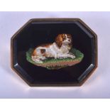 AN EARLY 19TH CENTURY MICRO MOSAIC KING CHARLES SPANIEL BROOCH with gold mounts. 21.8 grams. 4.5 cm