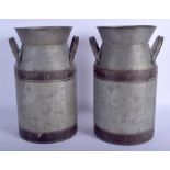 A PAIR OF VINTAGE ZINC TWIN HANDLED MILK PAILS. 33 cm x 13 cm.