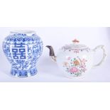 AN 18TH CENTURY CHINESE EXPORT PORCELAIN TEAPOT AND COVER together with a blue jar. Teapot 16 cm wid