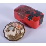 AN ANTIQUE JAPANESE SATSUMA BROOCH together with a lacquered box and cover. 4.5 cm & 6.5 cm wide. (2