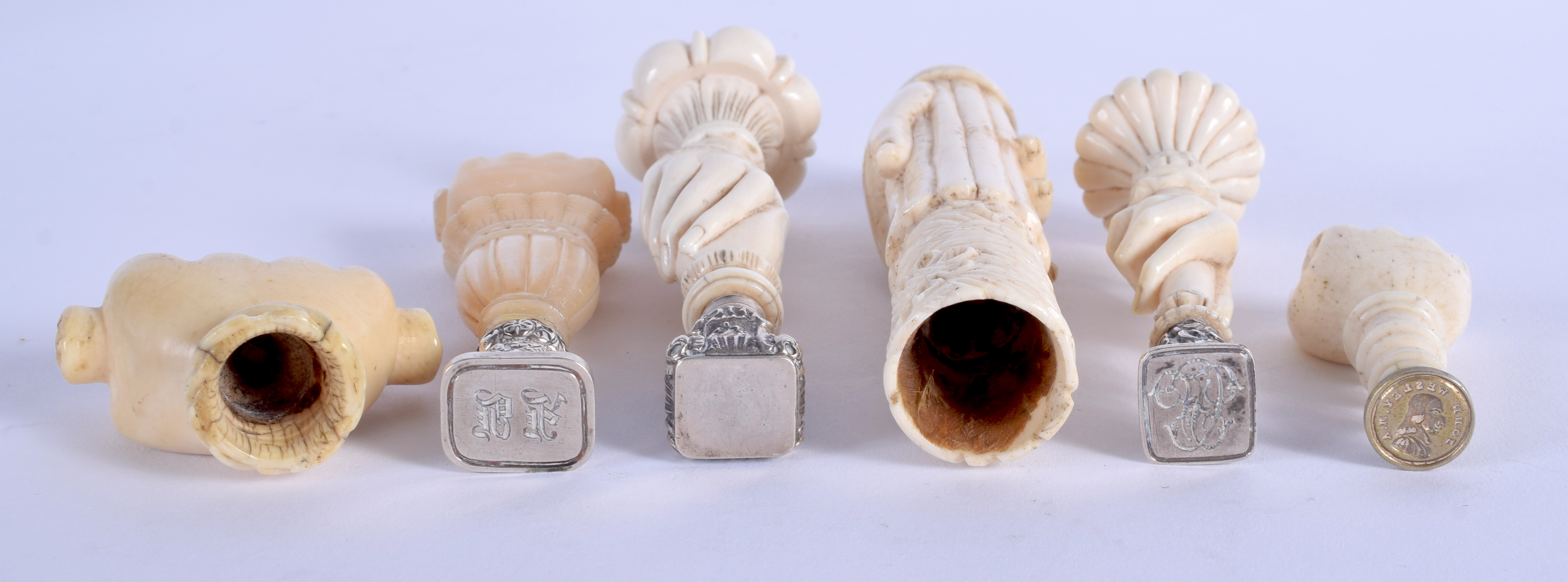 SIX 18TH/19TH CENTURY CARVED IVORY AND MOTHER OF PEARL SEALS in various forms. Largest 10.5 cm high. - Image 3 of 3