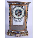 A LATE 19TH CENTURY FRENCH CHAMPLEVE ENAMEL FOUR GLASS REGULATOR MANTEL CLOCK decorated with foliage
