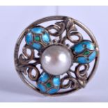 AN ARTS AND CRAFTS SILVER ENAMEL AND PEARL HAIR PIN. 27 cm long.