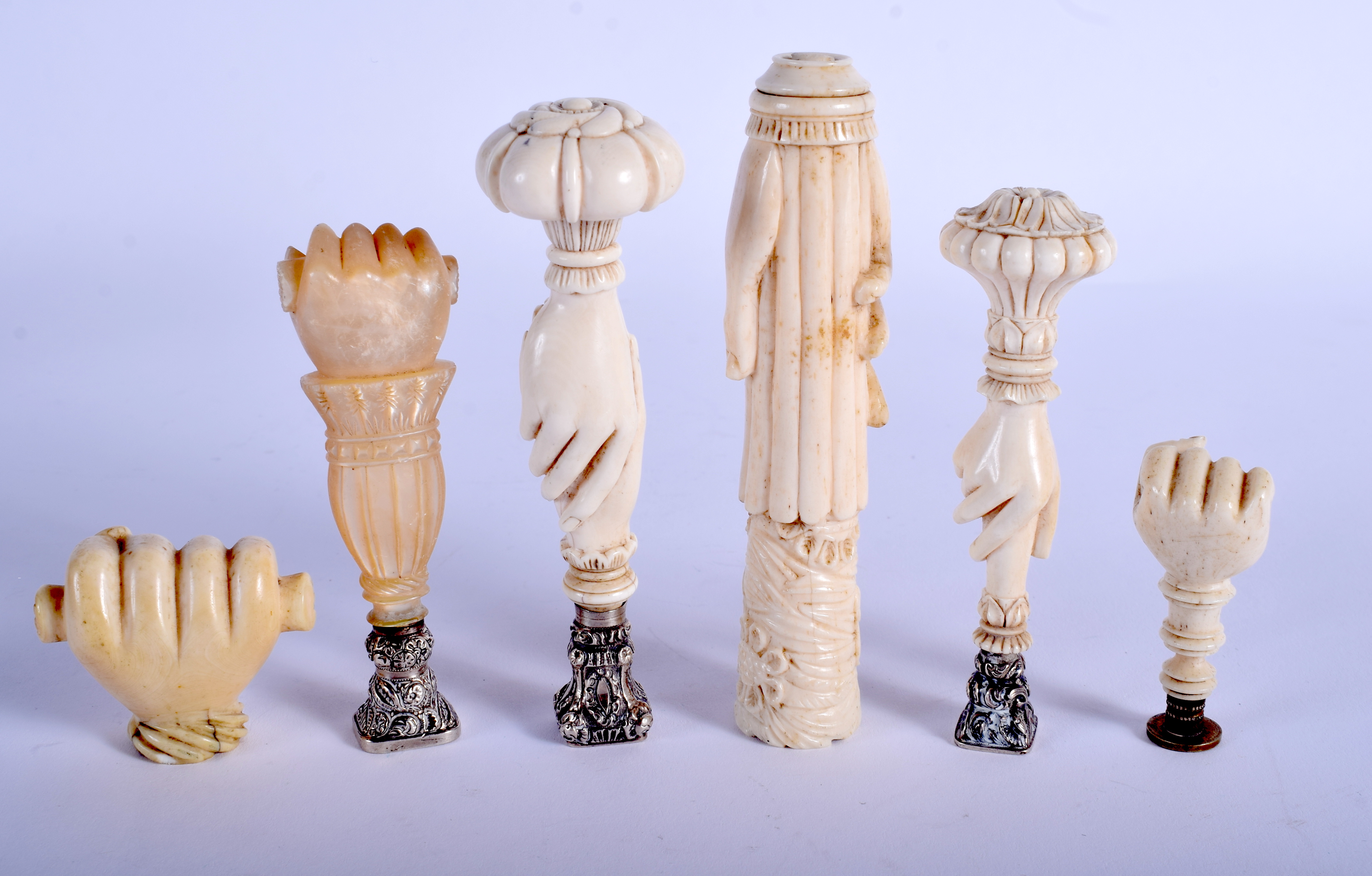 SIX 18TH/19TH CENTURY CARVED IVORY AND MOTHER OF PEARL SEALS in various forms. Largest 10.5 cm high. - Image 2 of 3