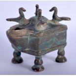 A MIDDLE EASTERN SAJLUK ISLAMIC BRONZE OIL LAMP overlaid with birds. 10 cm x 8 cm.