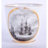 AN 18TH CENTURY WOLFE-MASON (FACTORY Z) COFFEE CUP well painted with a sailing ship in harbour watch