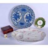 A LARGE 19TH CENTURY JAPANESE MEIJI PERIOD BLUE AND WHITE CHARGER together with a dish etc. (5)