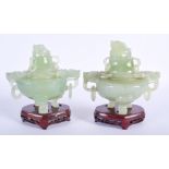 A PAIR OF EARLY 20TH CENTURY CHINESE JADE CENSERS AND COVERS Late Qing/Republic. Jade 15 cm x 13 cm.