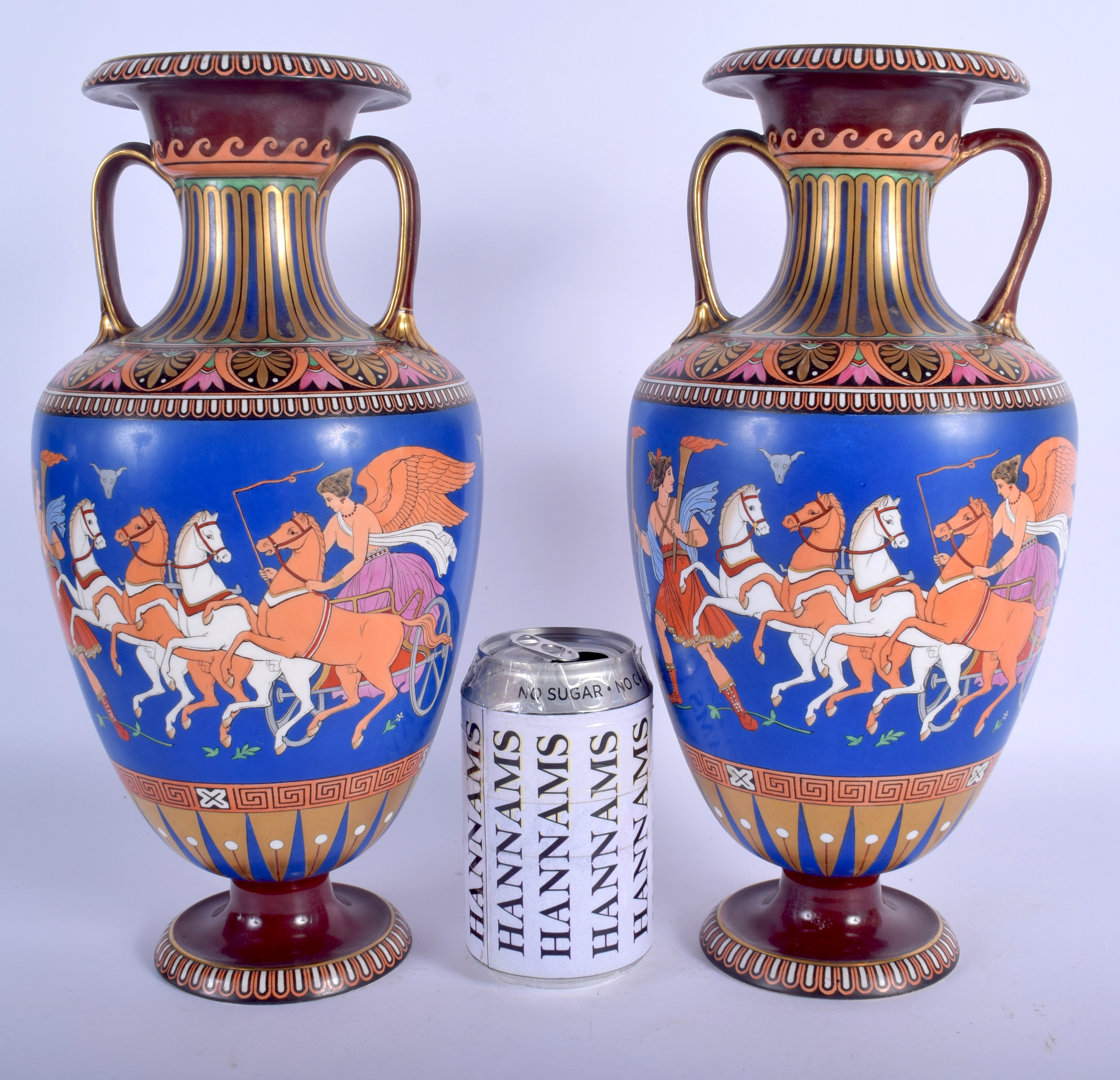 A PAIR OF 19TH CENTURY ENGLISH TWIN HANDLED ETRUSCAN REVIVAL VASES After the Antique, decorated with