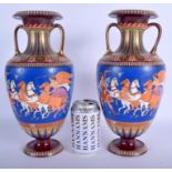A PAIR OF 19TH CENTURY ENGLISH TWIN HANDLED ETRUSCAN REVIVAL VASES After the Antique, decorated with