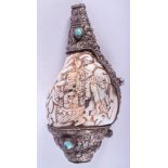 A RARE 19TH CENTURY TIBETAN SILVER CARVED SHELL AND TURQUOISE BUDDHISTIC VESSEL. 12 cm x 4 cm.