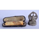 A 19TH CENTURY JAPANESE MEIJI PERIOD CARVED IVORY CHEROOT HOLDER together with a bronze buddha. (2)