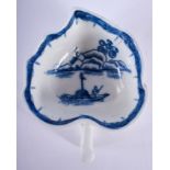 A RARE 18TH CENTURY DERBY PICKLE DISH printed with a man in a boat in front of an island. 2.5 cm X