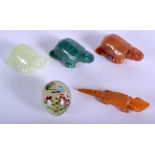 TWO CONTINENTAL JADE TURTLES together with two agate figures etc. (5)