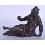 A 17TH CENTURY CONTINENTAL BRONZE FIGURE OF A RECUMBANT FEMALE C1630 modelled relcining. 12 cm wide.