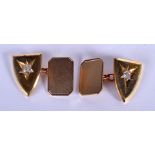 A PAIR OF VINTAGE 9CT GOLD AND DIAMOND CUFFLINKS. 10.1 grams. Shield 1.25 cm x 1.75 cm.