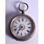 AN ANTIQUE BOXED LADIES SILVER AND ENAMEL FOB WATCH. 4 cm wide.