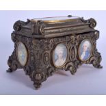 A MID 19TH CENTURY BRONZE AND IVORY PORTRAIT MINIATURE CASKET decorated with foliage and scrolling v