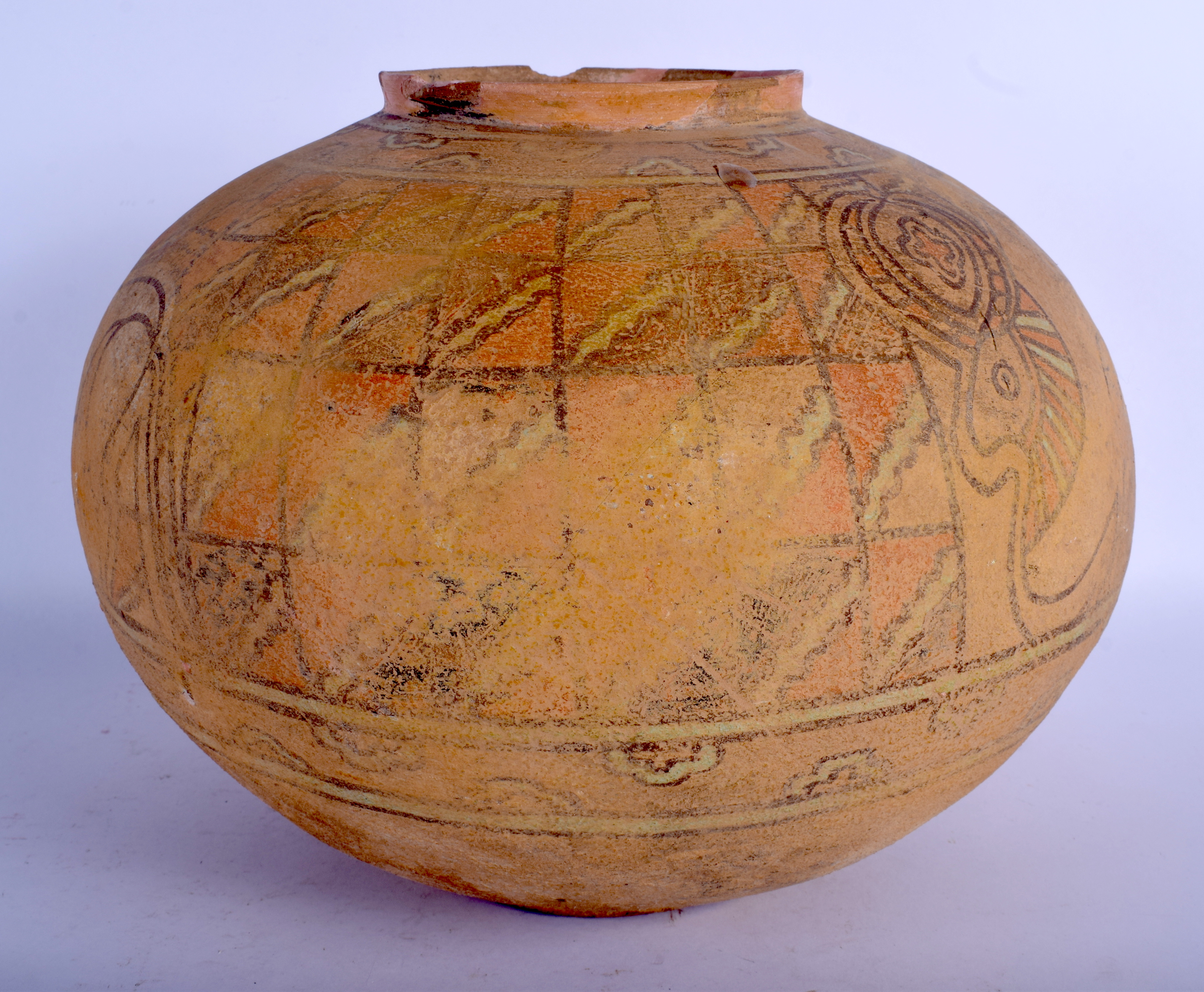 A LARGE INDUS VALLEY CARVED TERRACOTTA POTTERY VASE painted with motifs. 26 cm x 24 cm.