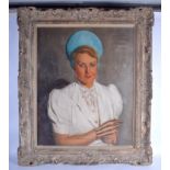 FRENCH SCHOOL (C1940) Oil on canvas, Lady in blue hat, rococo scrolling frame. Canvas 84 cm x 60 cm.