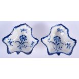 A PAIR OF 18TH CENTURY GILLIFLOWER LEAF SHAPED PICKLE DISHES with Crescent Mark. 10.5 cm wide.