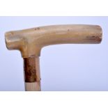 A 19TH CENTURY CONTINENTAL CARVED RHINOCEROS HORN HANDLED CANE. 75 cm long.