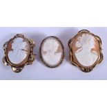 THREE ANTIQUE CAMEO BROOCHES. Largest 4 cm x 5 cm. (3)