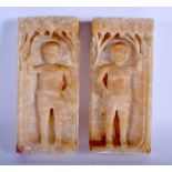 A PAIR OF EARLY ENGLISH CARVED ALABASTER FRAGMENTS possibly Nottingham School and 16th century. 20 c