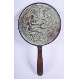 A CHINESE BRONZE ARCHAIC HAND MIRROR. 18 cm x 11 cm.