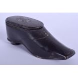 A VICTORIAN PAPIER MACHE SHOE SNUFF BOX. 11 cm x 3 cm.