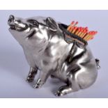 A CONTINENTAL SILVER MATCHSTICK HOLDER in the form of a seated pig. 745 grams. 10 cm x 10 cm.