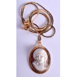 A 9CT GOLD CAMEO NECKLACE. 4.1 grams. Pendant 2 cm x 1.25 cm.