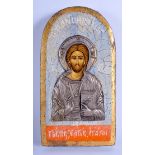 A CONTINENTAL SILVER MOUNTED POLYCHROMED WOOD ICON. 19 cm x 11 cm.