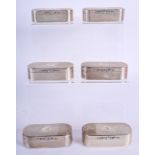 AN EXTREMELY RARE SET OF SIX 19TH CENTURY ENGLISH SILVER SNUFF BOXES of identical form. 23 oz. 9 cm