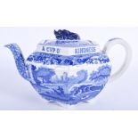 A COPELANDS BLUE AND WHITE TEAPOT AND COVER printed with landscapes. 24 cm wide.