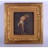 A 17TH/18TH CENTURY CONTINENTAL OIL ON SLATE depicting Christ within a giltwood frame. Image 13 cm x
