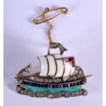 AN ANTIQUE GOLD SAPPHIRE ENAMEL AND DIAMOND VIKING BOAT BROOCH. 6.9 grams. 3 cm wide.