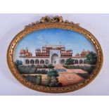 A 19TH CENTURY INDIAN PAINTED IVORY MINIATURE depicting gardens before a temple. Ivory 13 cm x 9 cm.