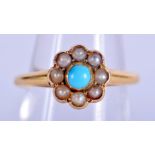 AN ANTIQUE 18CT GOLD PEARL AND TURQUOISE RING. L/M. 3 grams.