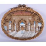 A 19TH CENTURY INDIAN PAINTED IVORY MINIATURE depicting an internal view of a temple. Ivory 18 cm x