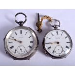 TWO LARGE ANTIQUE SILVER POCKET WATCHES. Largest 5.5 cm wide. (2)