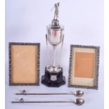 A PAIR OF VINTAGE STERLING SILVER FRAMES together with a trophy etc. (5)