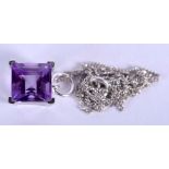 AN 18CT WHITE GOLD AND AMETHYST NECKLACE. 2.7 grams. Pendant 1 cm square.