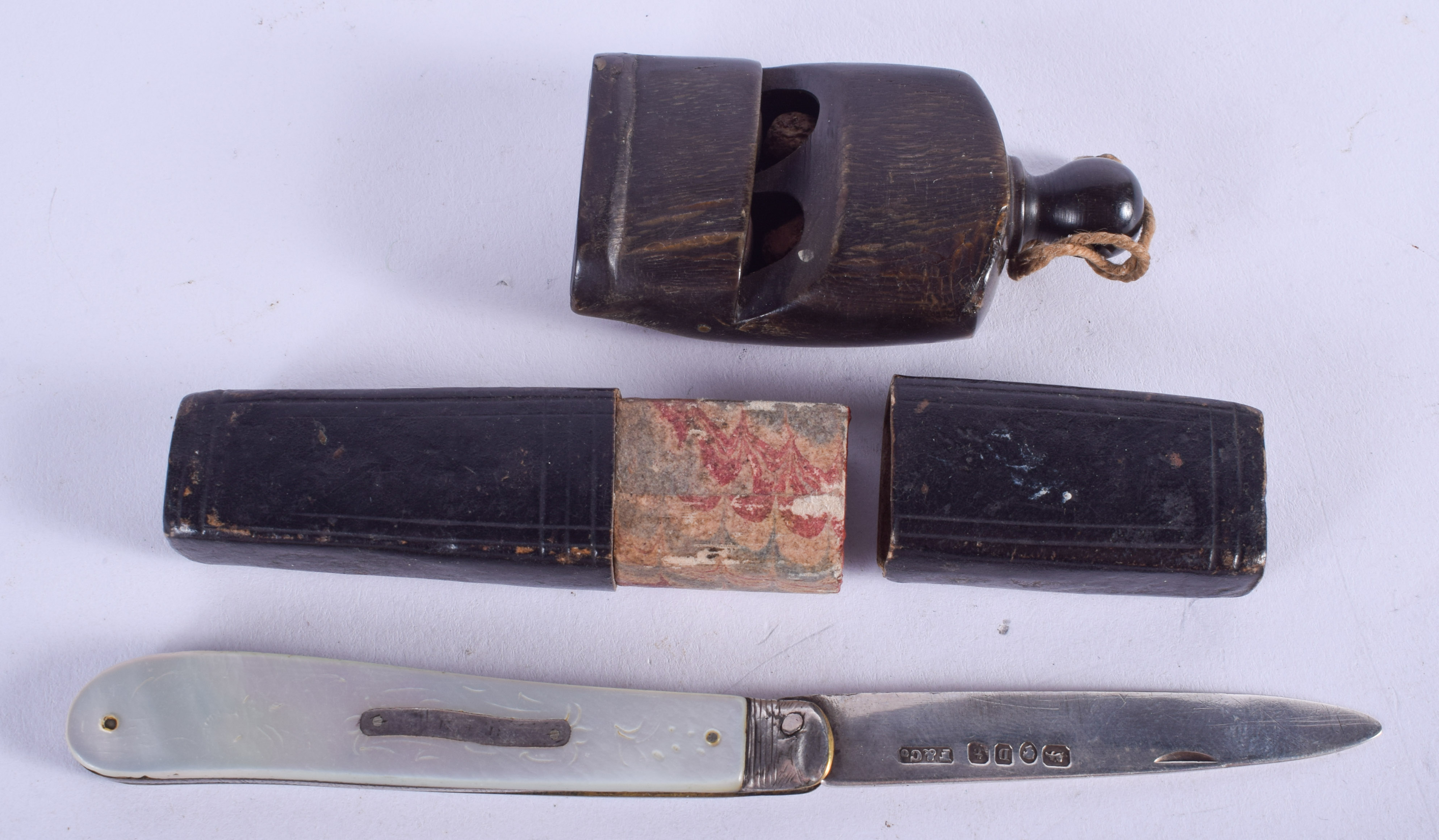 A 19TH CENTURY CONTINENTAL CARVED RHINOCEROS HORN WHISTLE together with a silver bladed fruit knife. - Image 2 of 2