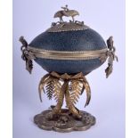 A RARE 19TH CENTURY AUSTRALIAN GILDED WHITE METAL MOUNTED EMU EGG COVERED CUP AND COVER Attributed