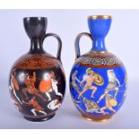 A PAIR OF 19TH CENTURY ENGLISH PORCELAIN JUGS After the Antique, representing the battle between the