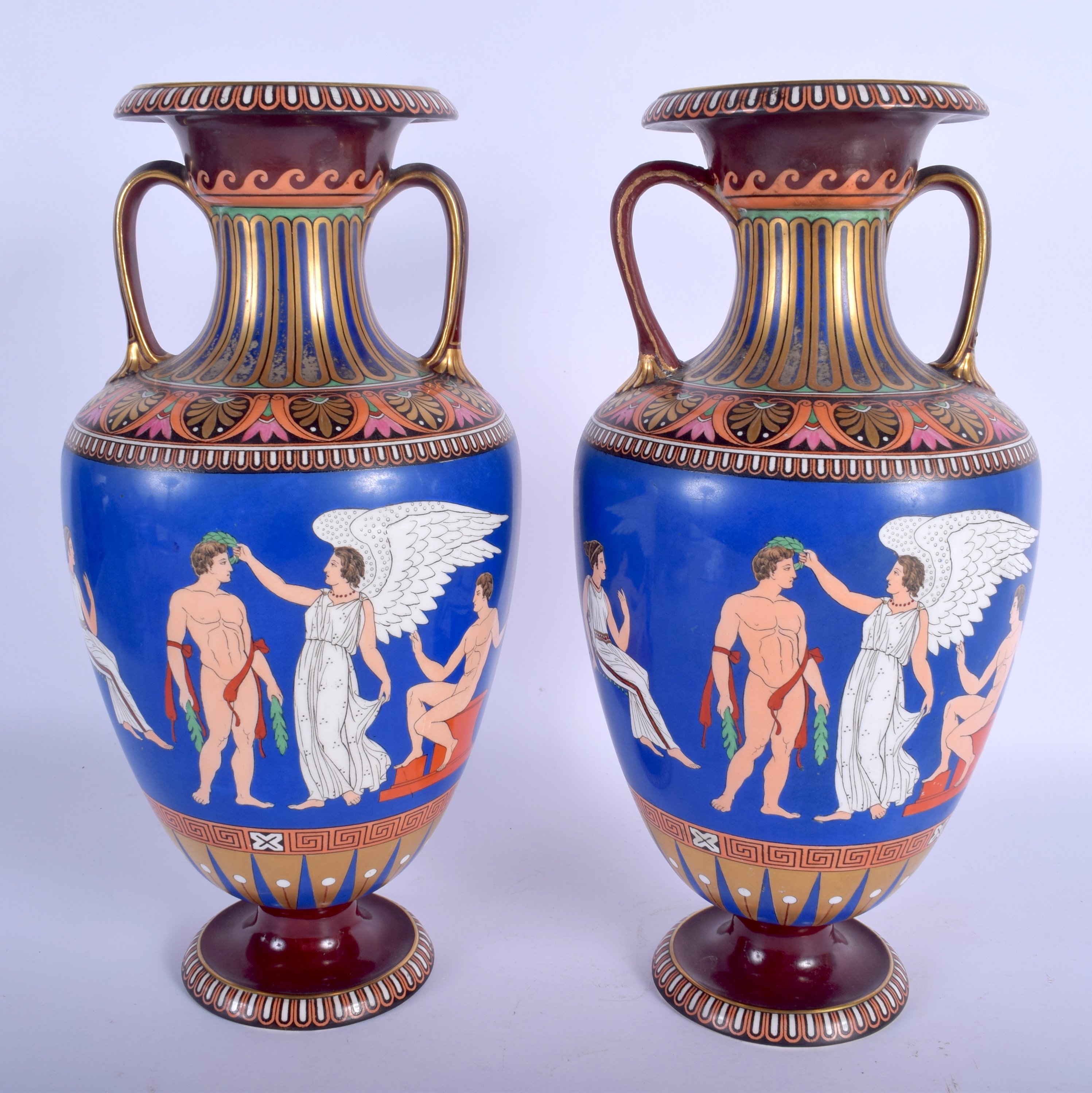 A PAIR OF 19TH CENTURY ENGLISH TWIN HANDLED ETRUSCAN REVIVAL VASES After the Antique, decorated with - Image 2 of 3