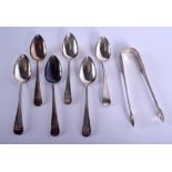 SIX ANTIQUE ENGLISH SILVER SPOONS with matching tongs. London 1805. 137 grams. (7)