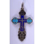 AN ANTIQUE RUSSIAN SILVER AND ENAMEL CROSS PENDANT. 4 cm x 2.5 cm.