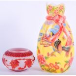 A CHINESE PEKING GLASS VASE together with a similar brush washer. Largest 19 cm high. (2)